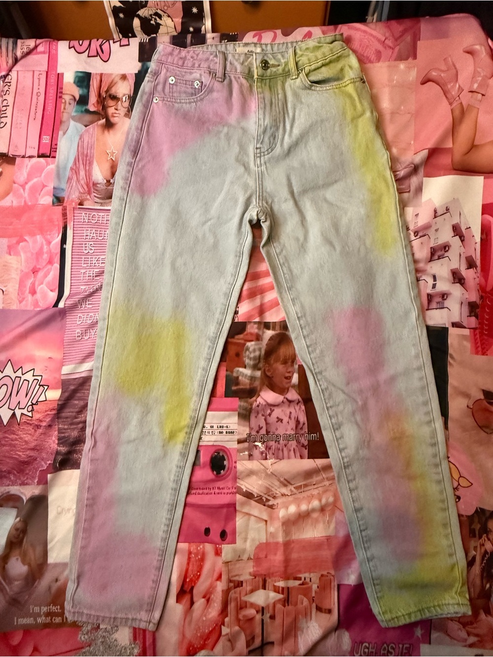 Pastel Tie-Dye High-Waist Women’s Jeans - Pink & Yellow